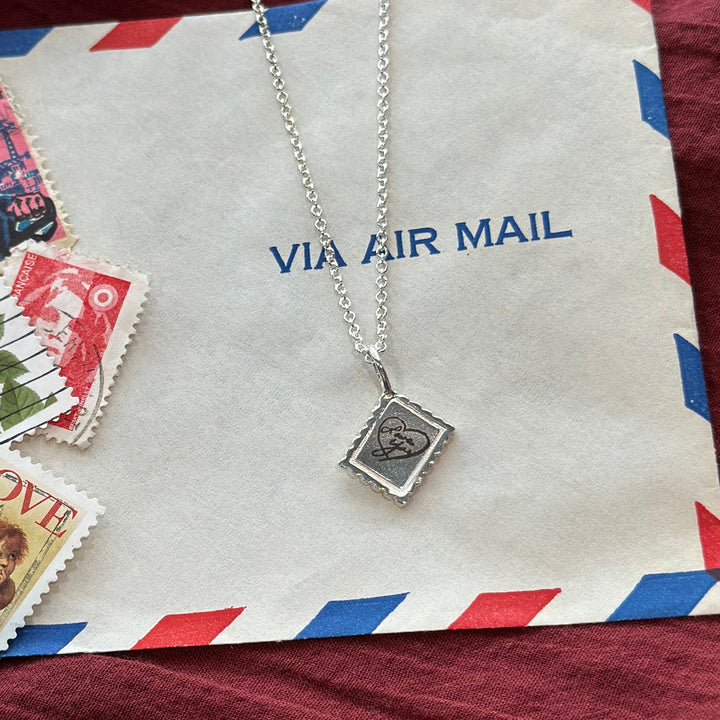 sterling silver necklace with stamp shaped charm custom handwriting 